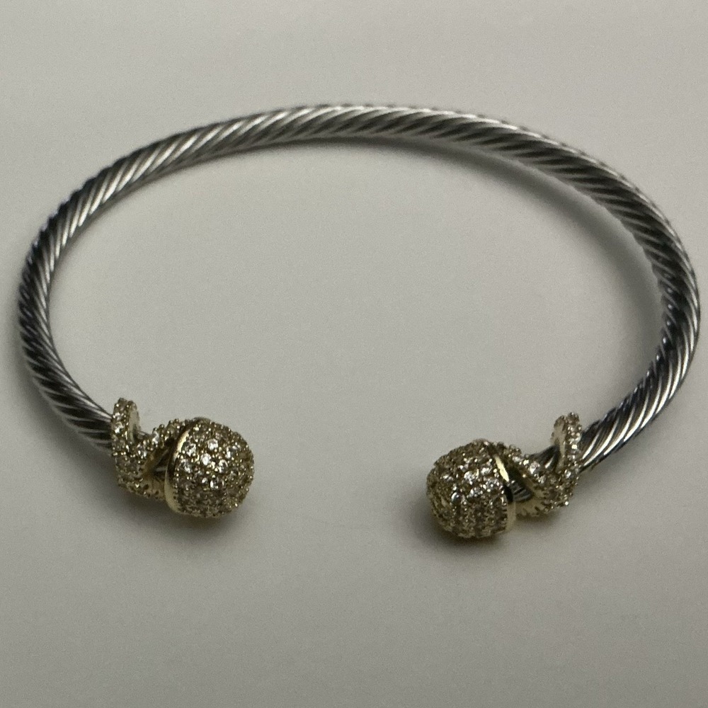 Two Tone Cable Cuff Bracelet Pavé CZ Knot End Caps Silver Gold Tone